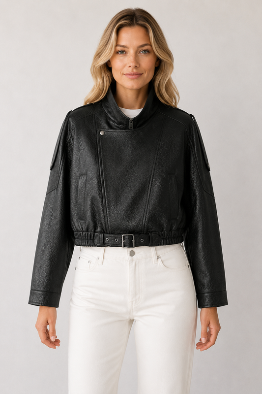 Chaqueta Corta de Cuero Vintage con Cinturón