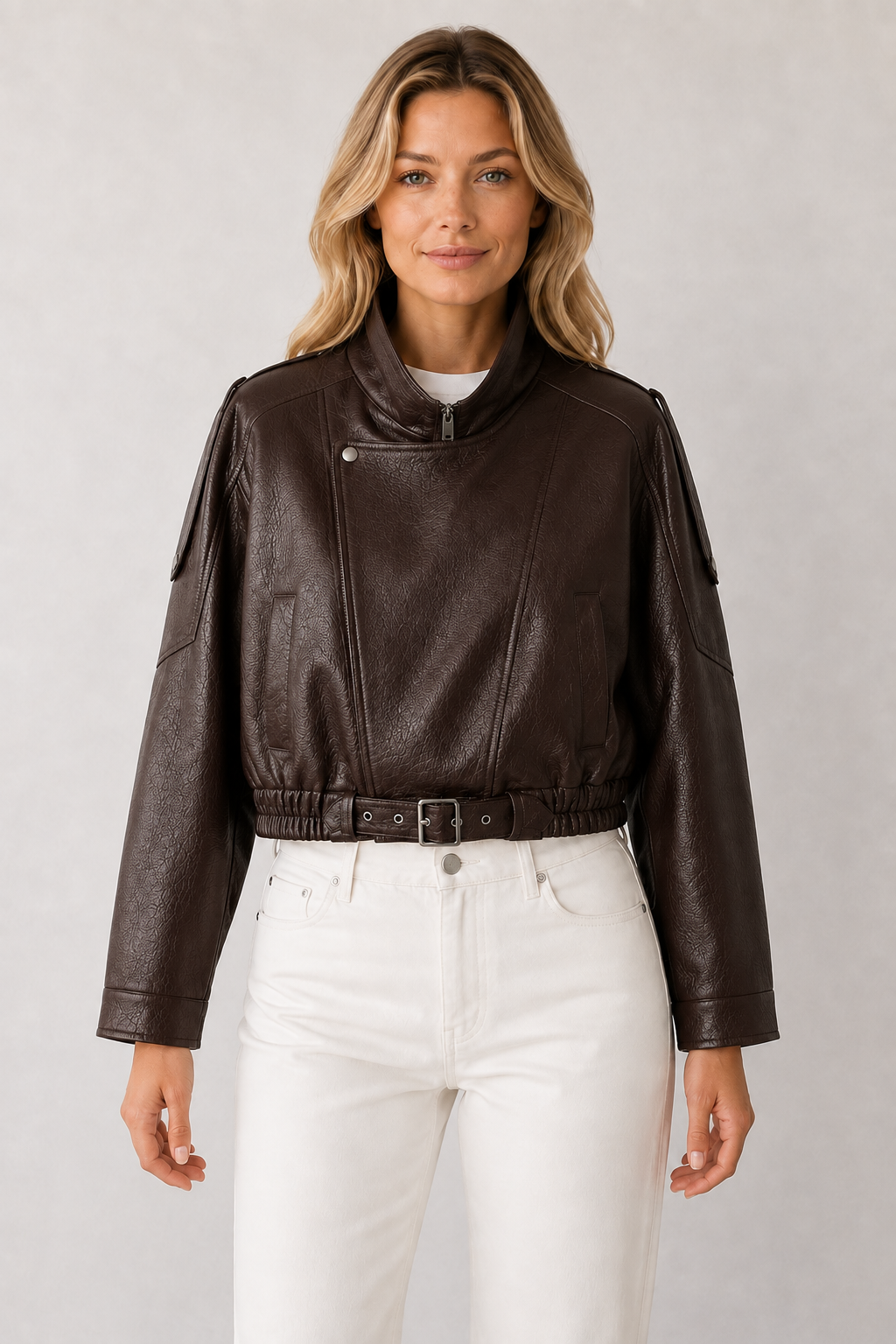 Chaqueta Corta de Cuero Vintage con Cinturón