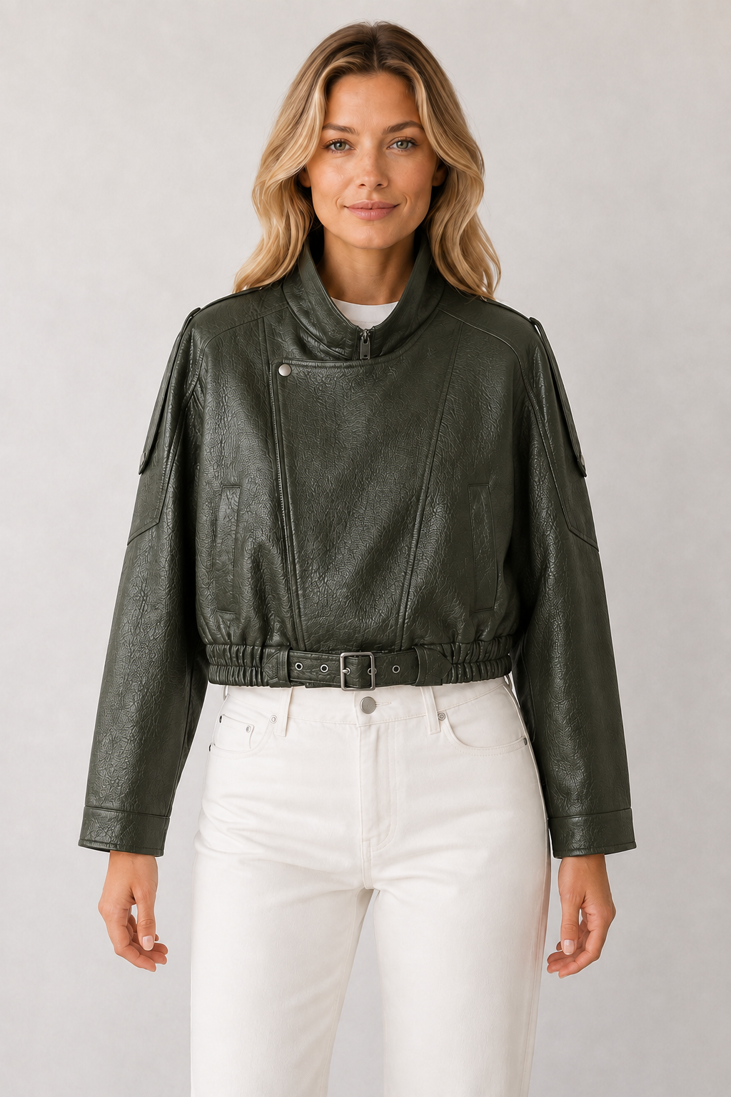 Chaqueta Corta de Cuero Vintage con Cinturón