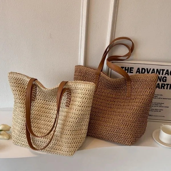 Bolso de Paja con Asas de Piel