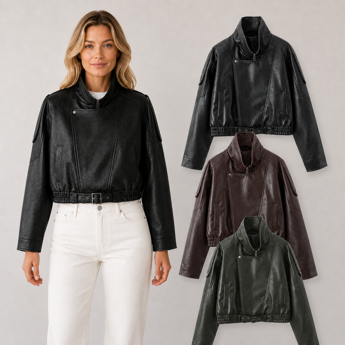 Chaqueta Corta de Cuero Vintage con Cinturón