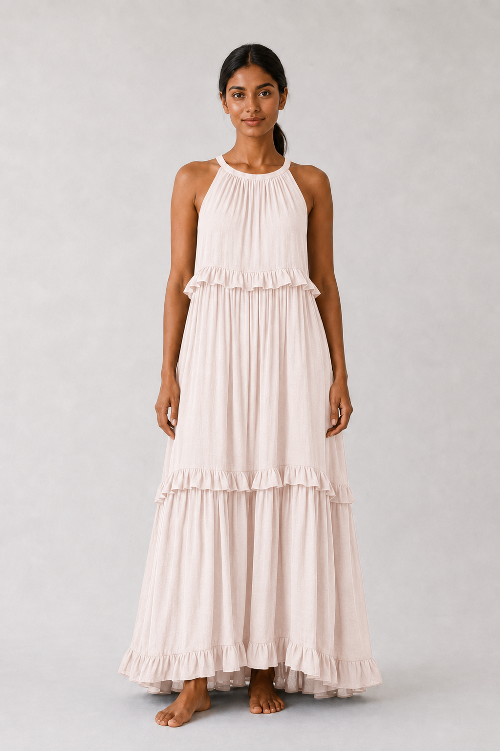 Vestido Largo con Volantes Sin Mangas