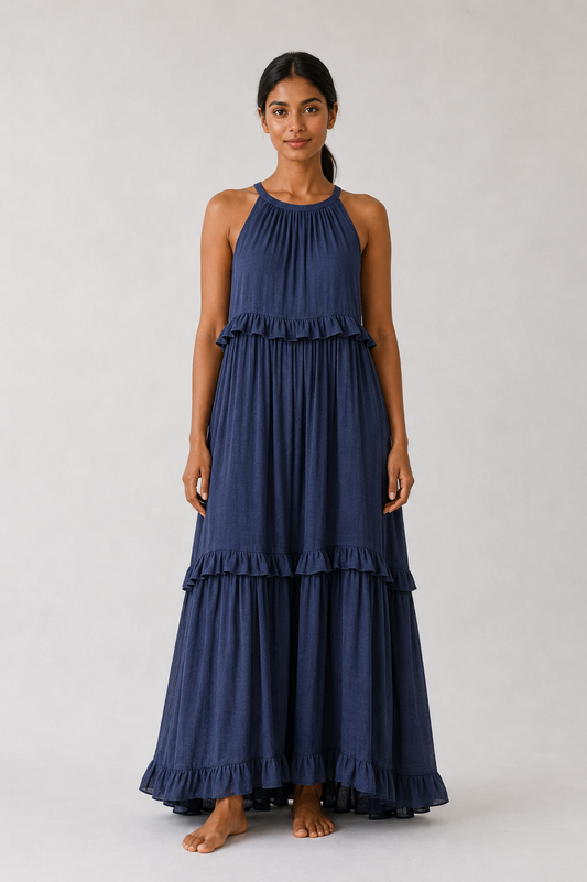 Vestido Largo con Volantes Sin Mangas