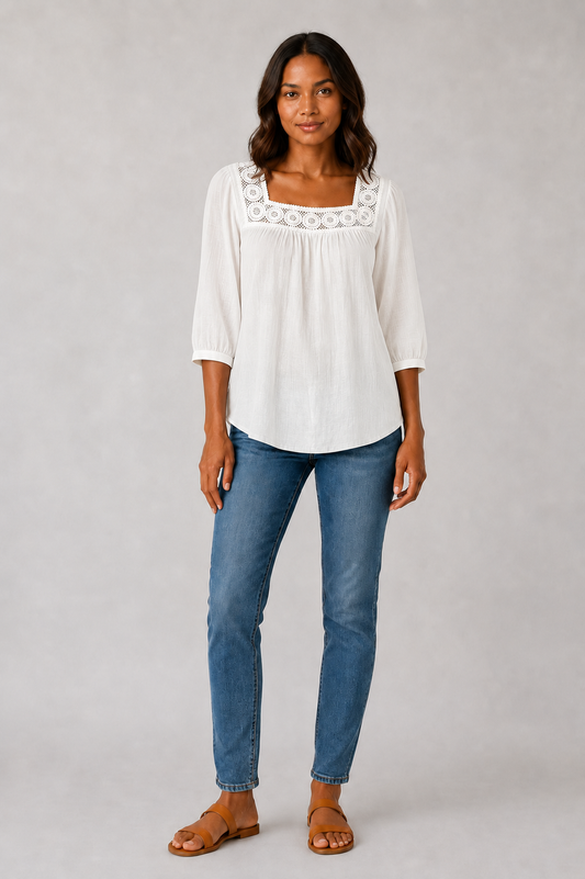 Blusa de Algodón y Lino con Encaje