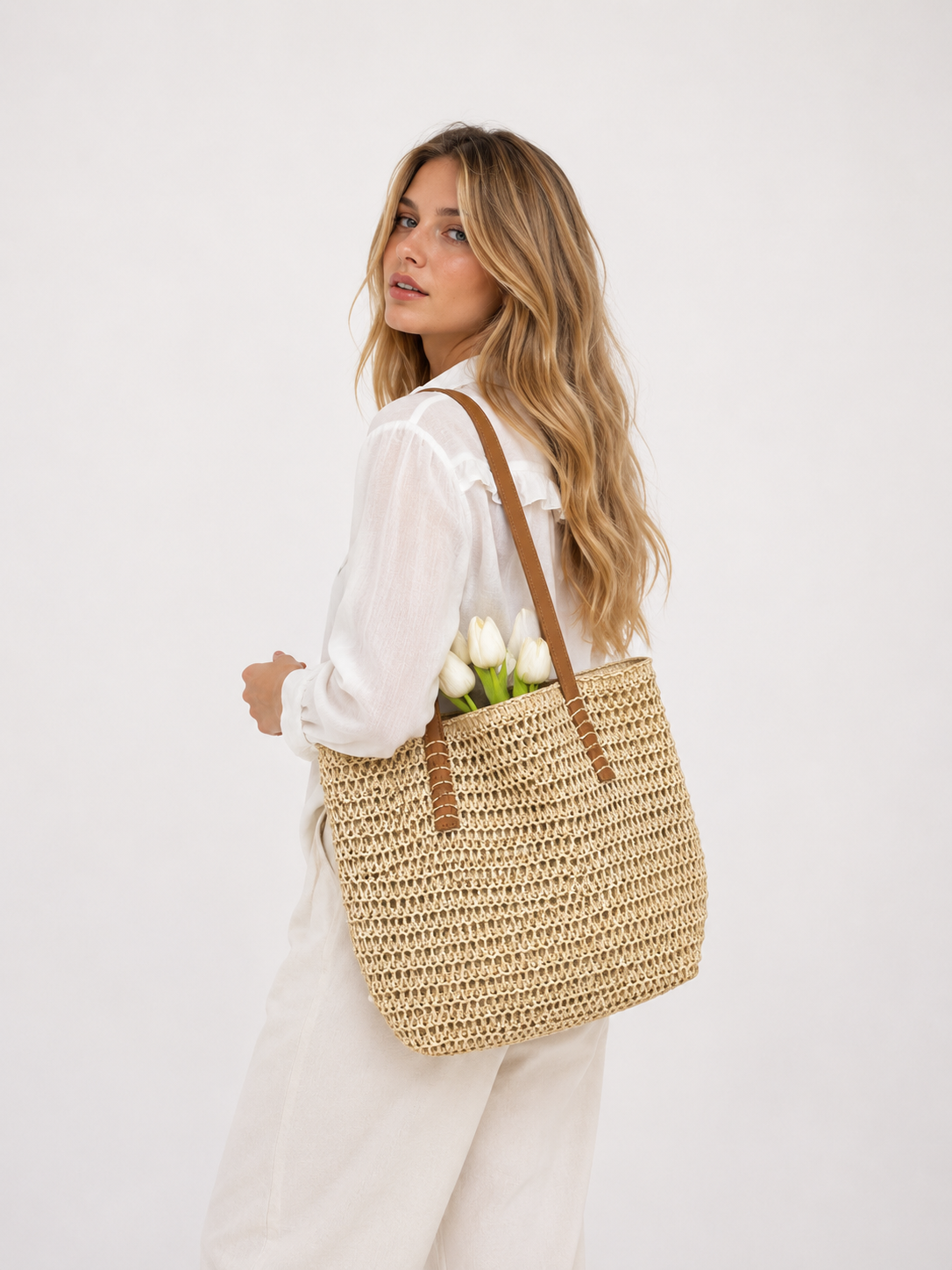 Bolso de Paja con Asas de Piel