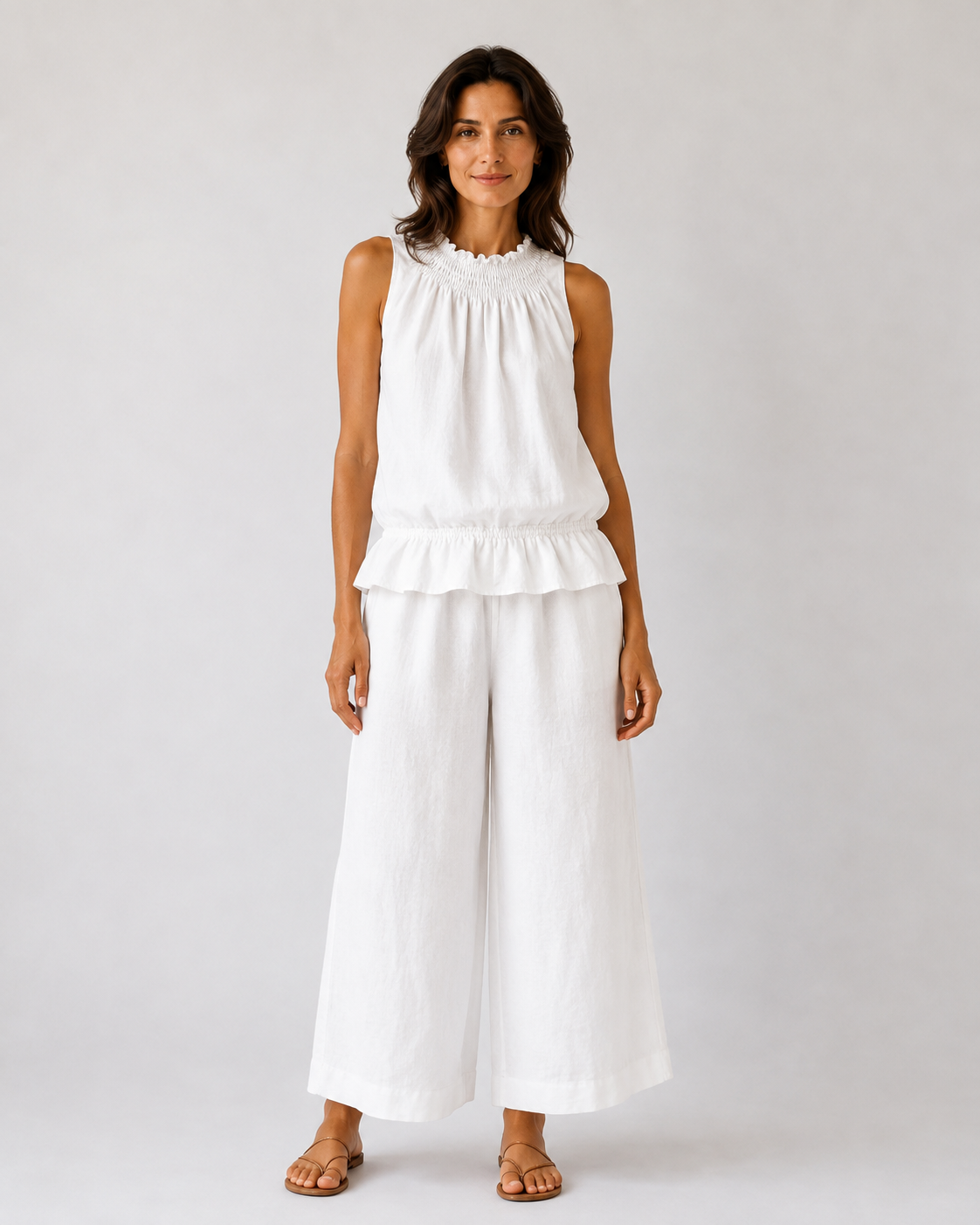Conjunto Lino Chaleco Cuello Alto y Pantalón Ancho