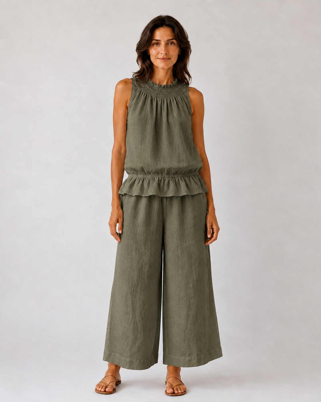 Conjunto Lino Chaleco Cuello Alto y Pantalón Ancho