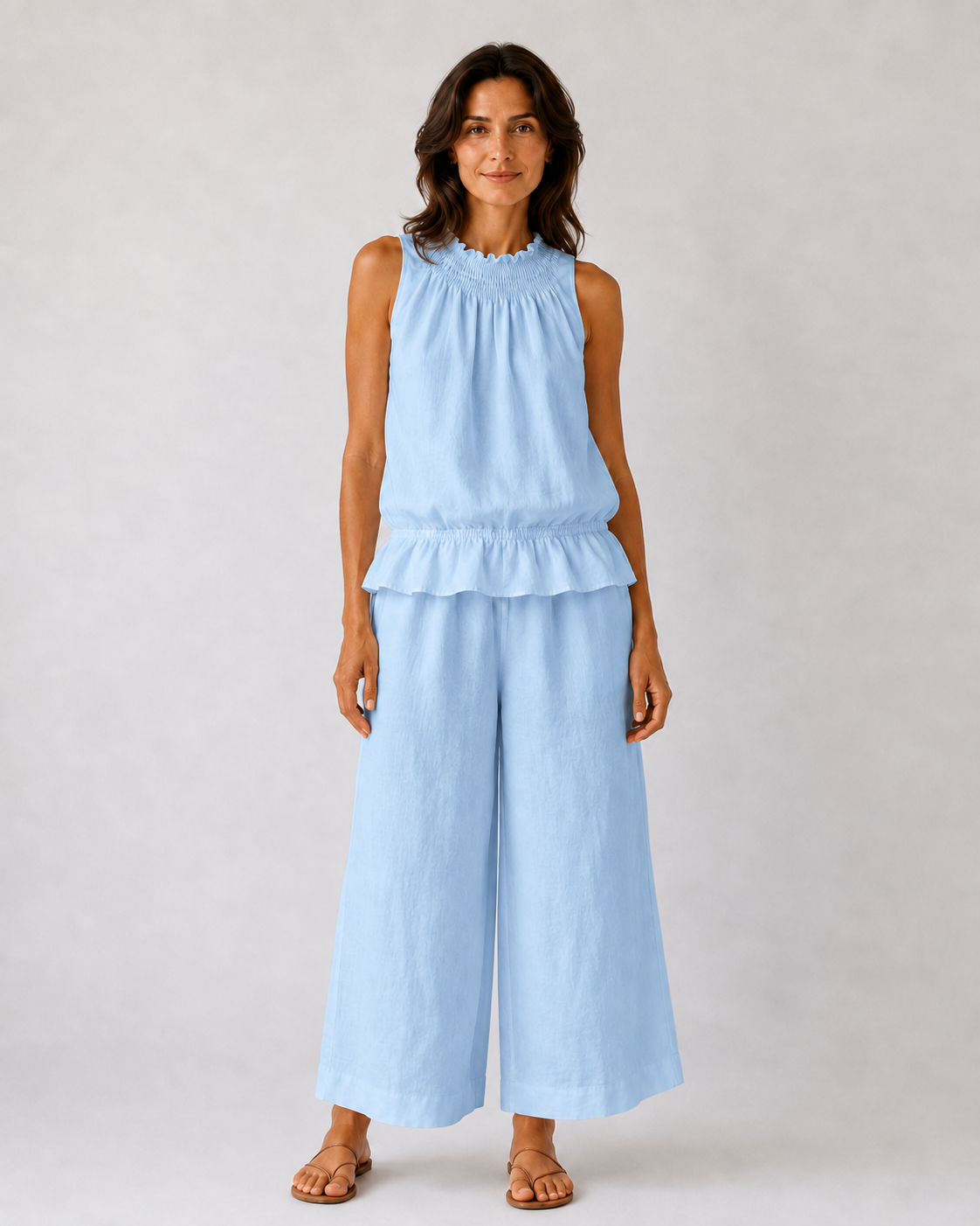 Conjunto Lino Chaleco Cuello Alto y Pantalón Ancho
