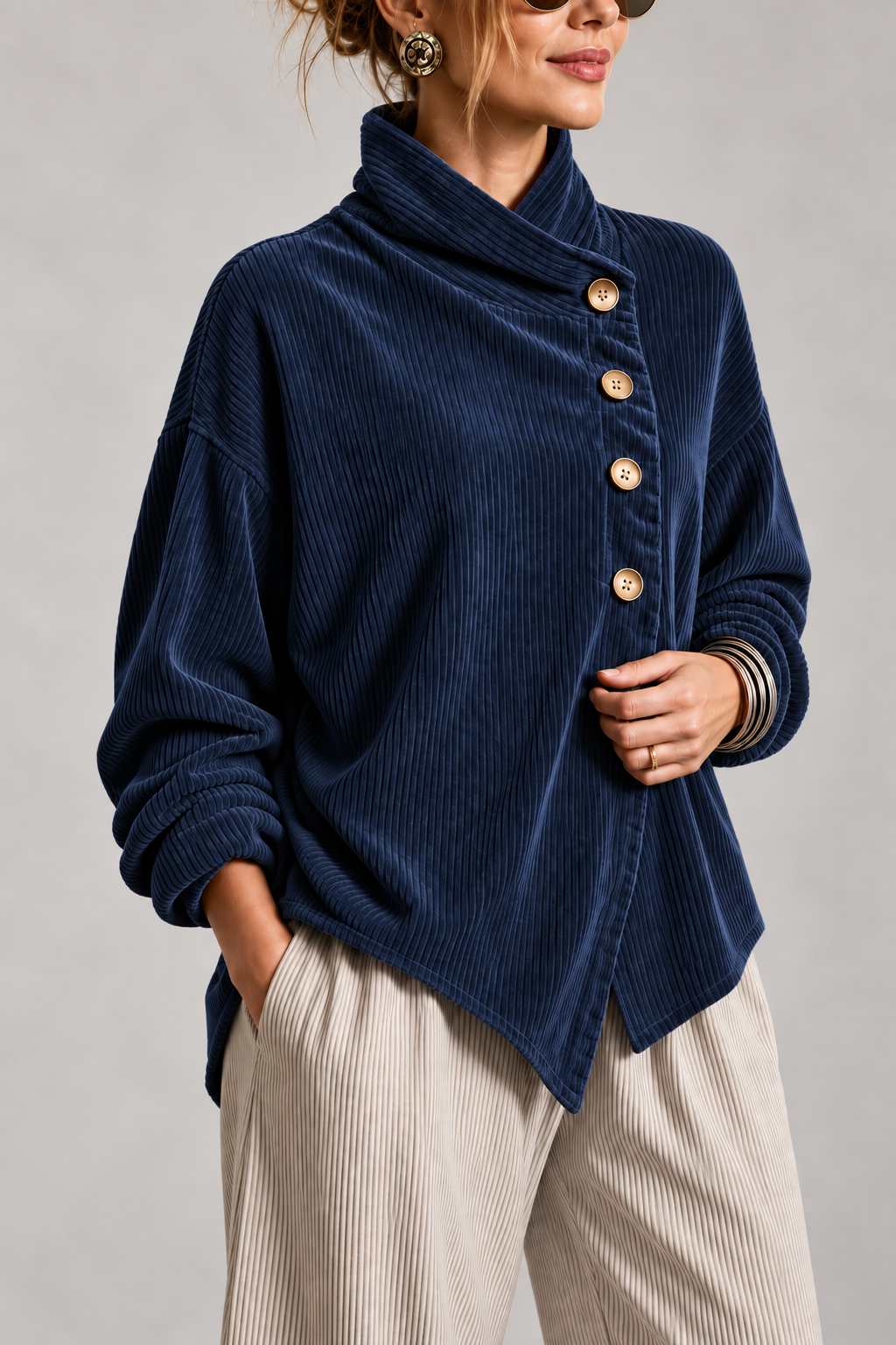 Chaqueta de Pana Verde Oliva con Cuello Envolvente