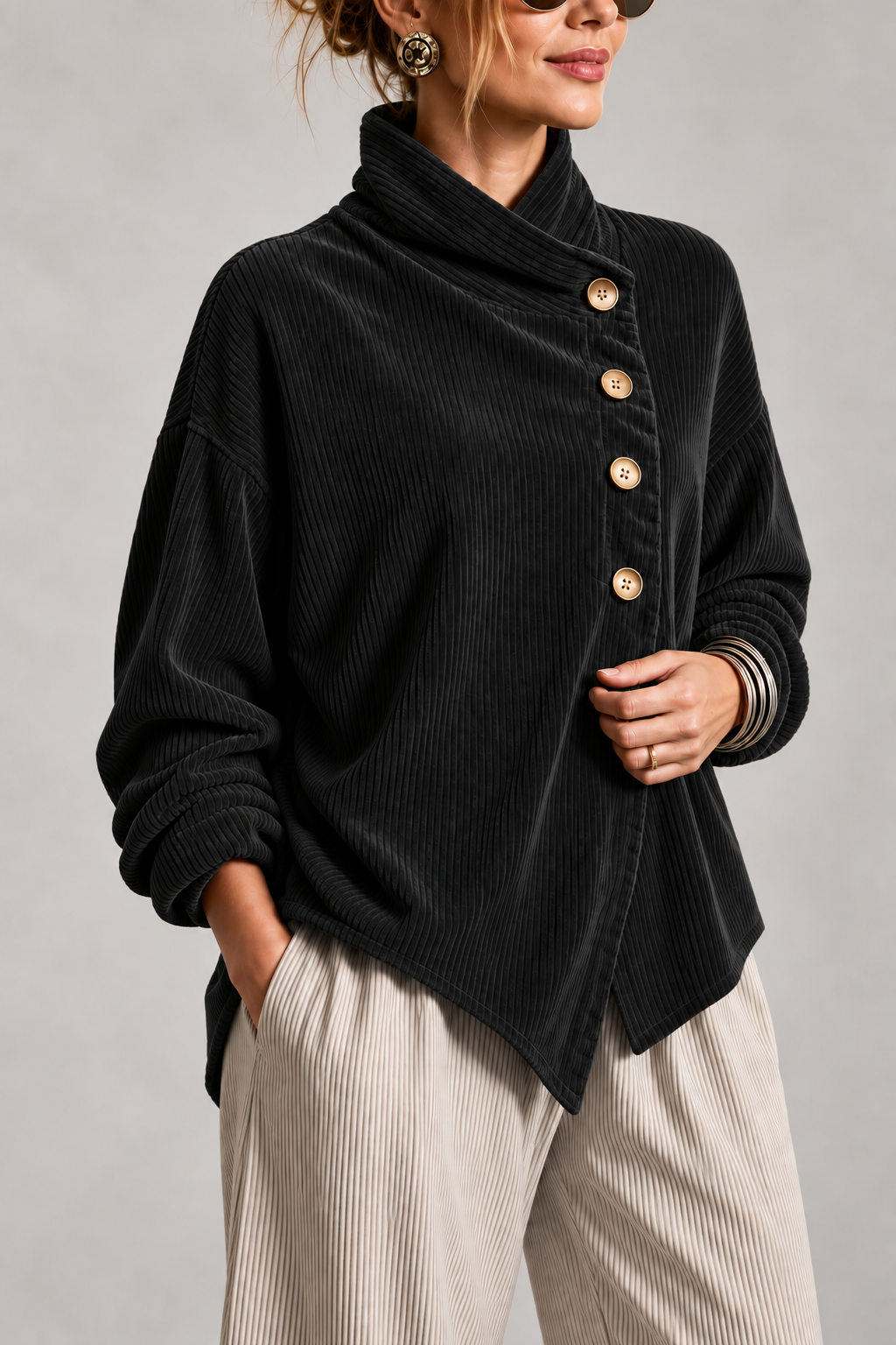 Chaqueta de Pana Verde Oliva con Cuello Envolvente