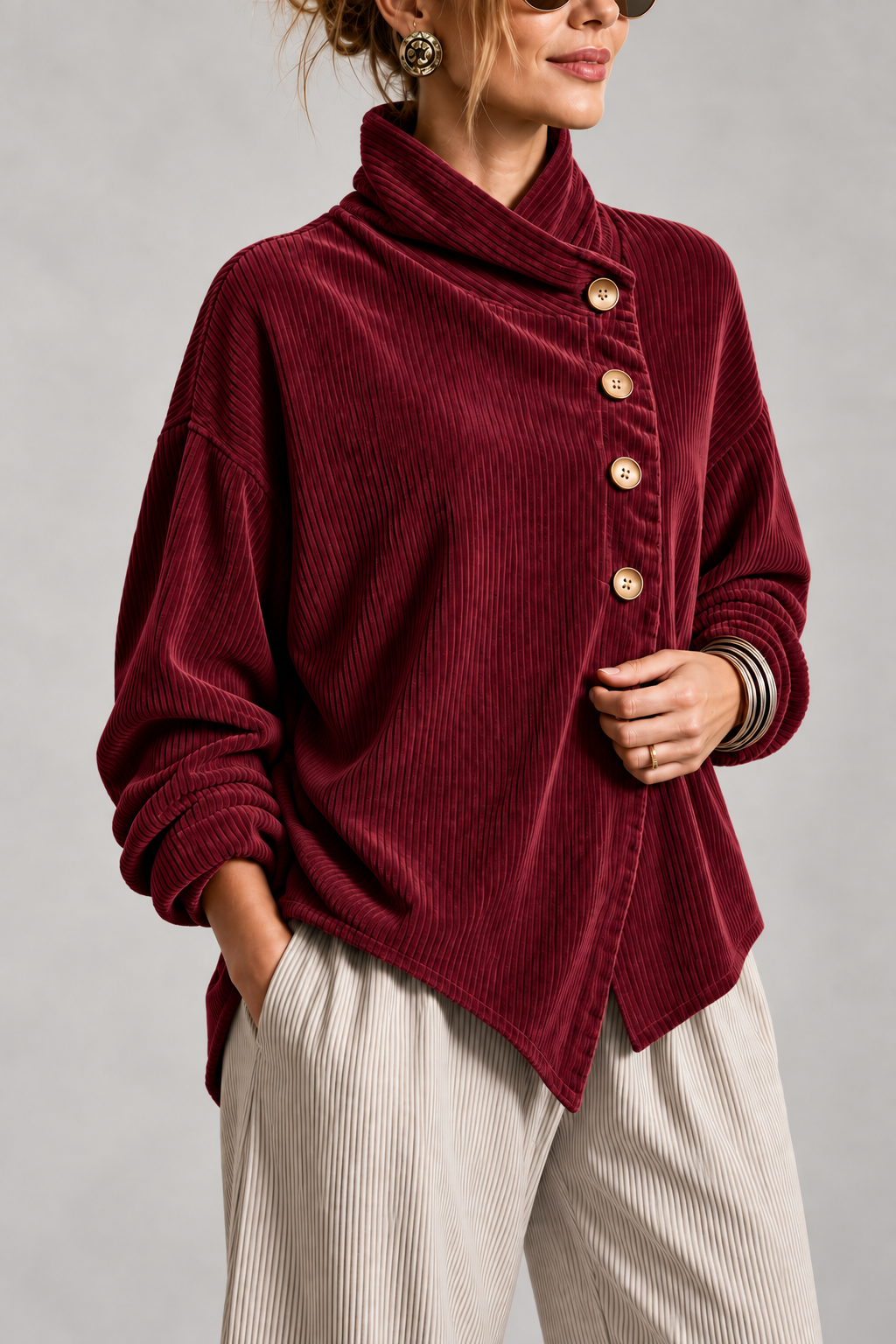 Chaqueta de Pana Verde Oliva con Cuello Envolvente