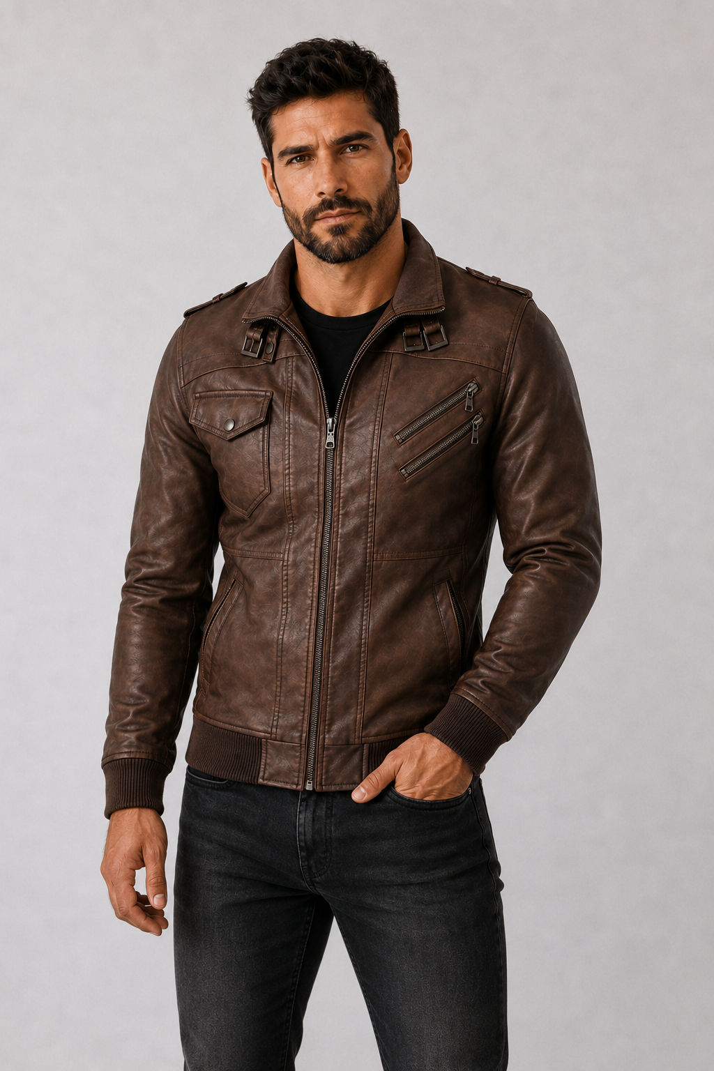 Chaqueta de Cuero Motero Hombre
