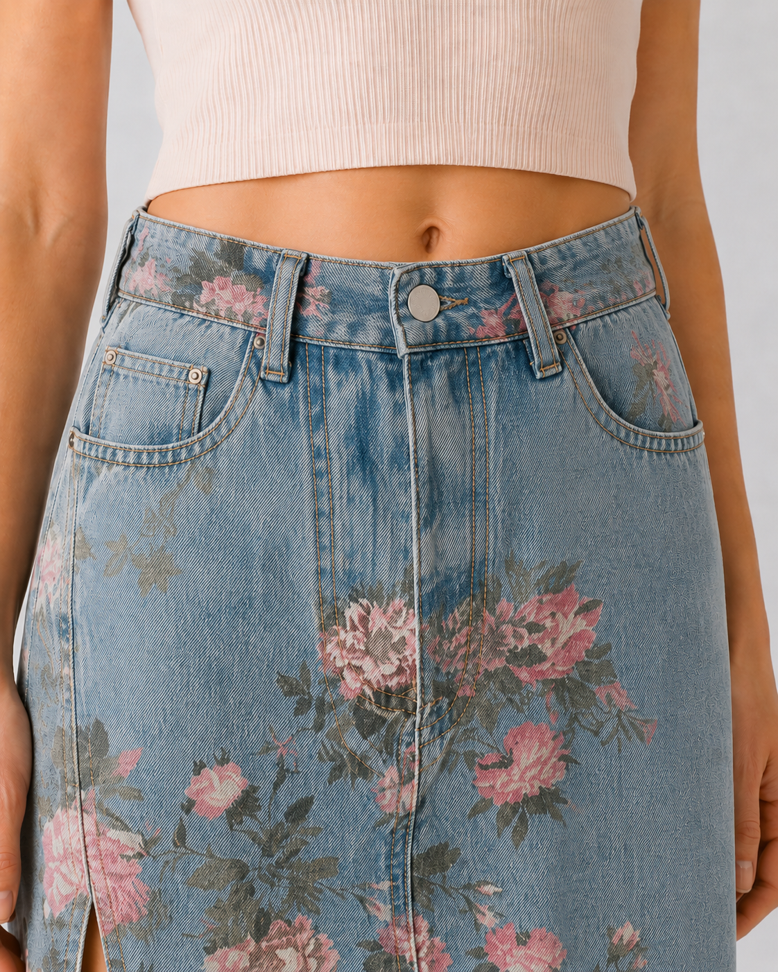 Falda Vaquera Larga Floral de Cintura Alta para Mujer