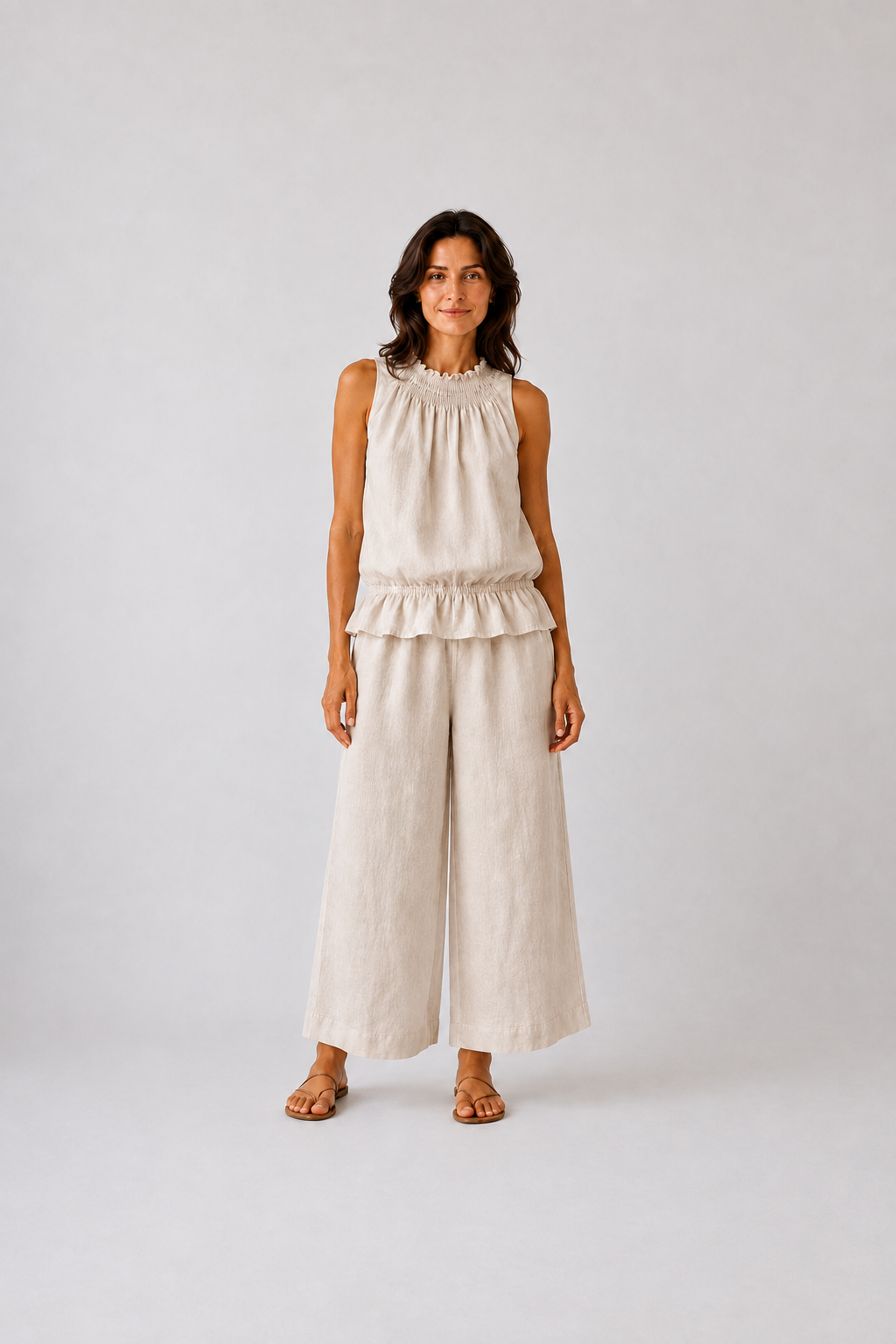 Conjunto Lino Chaleco Cuello Alto y Pantalón Ancho