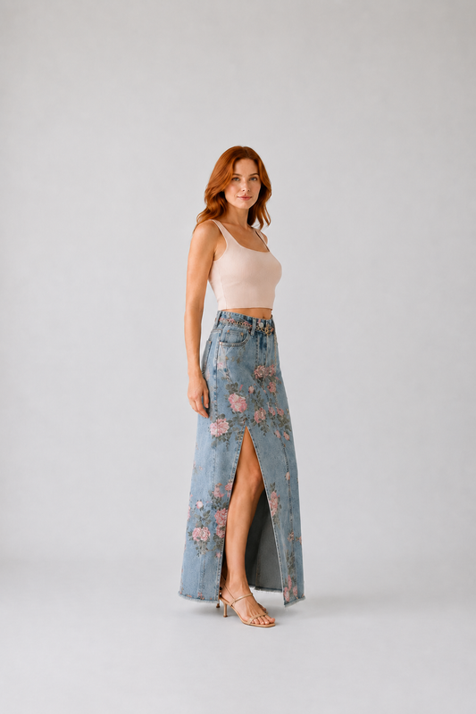 Falda Vaquera Larga Floral de Cintura Alta para Mujer