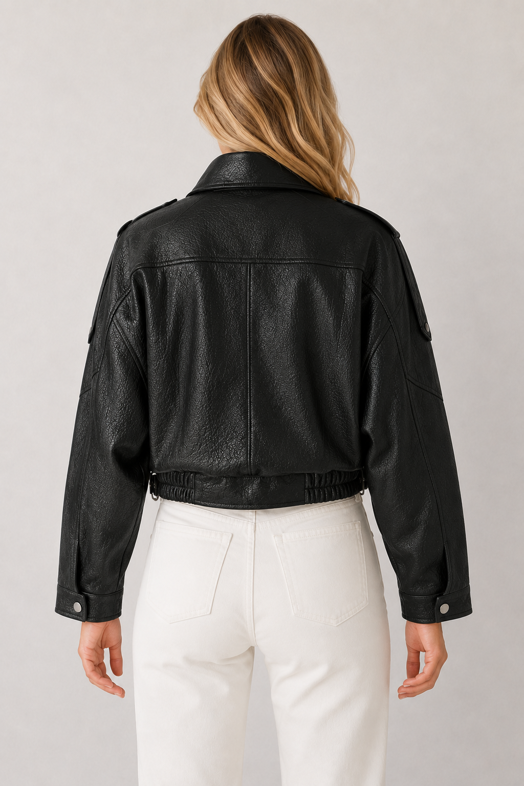 Chaqueta Corta de Cuero Vintage con Cinturón