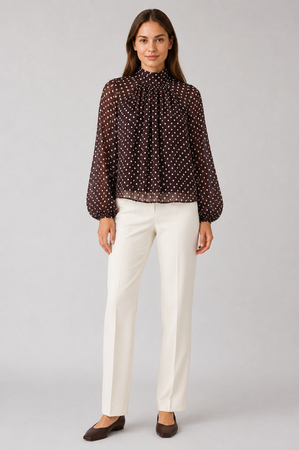 Blusa de Lunares Cuello Alto Manga Larga para Mujer