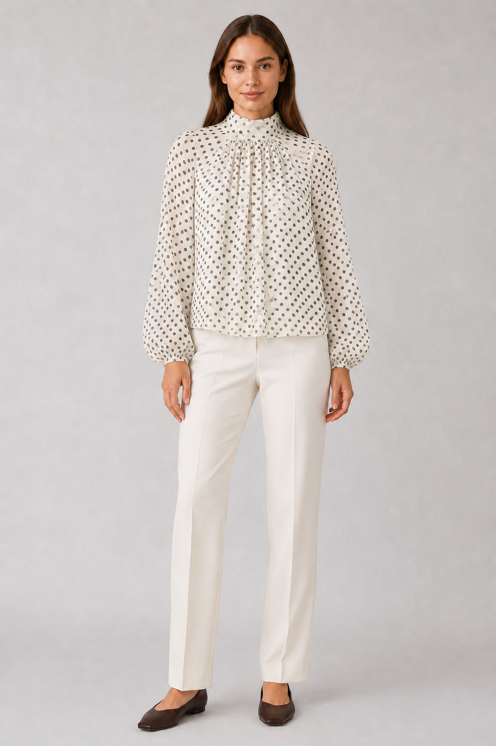 Blusa de Lunares Cuello Alto Manga Larga para Mujer