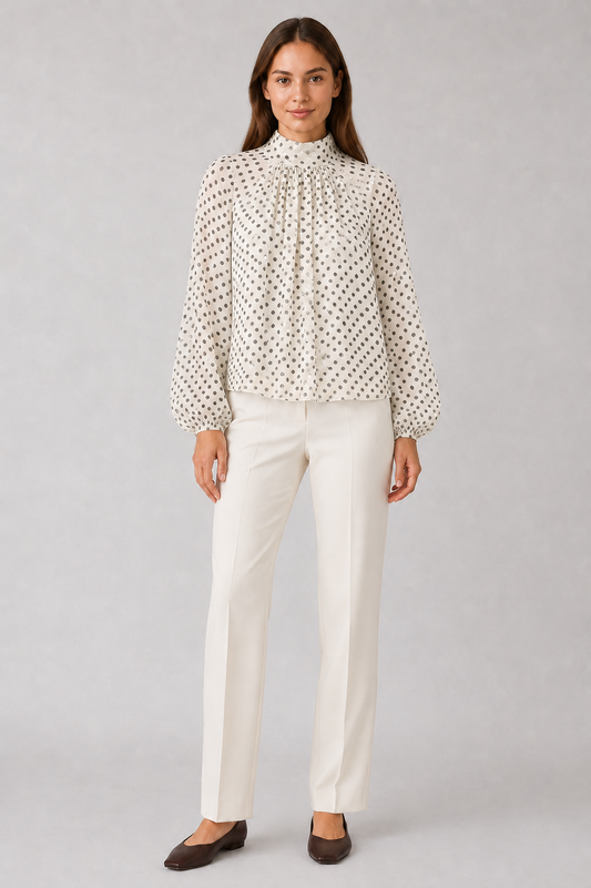 Blusa de Lunares Cuello Alto Manga Larga para Mujer