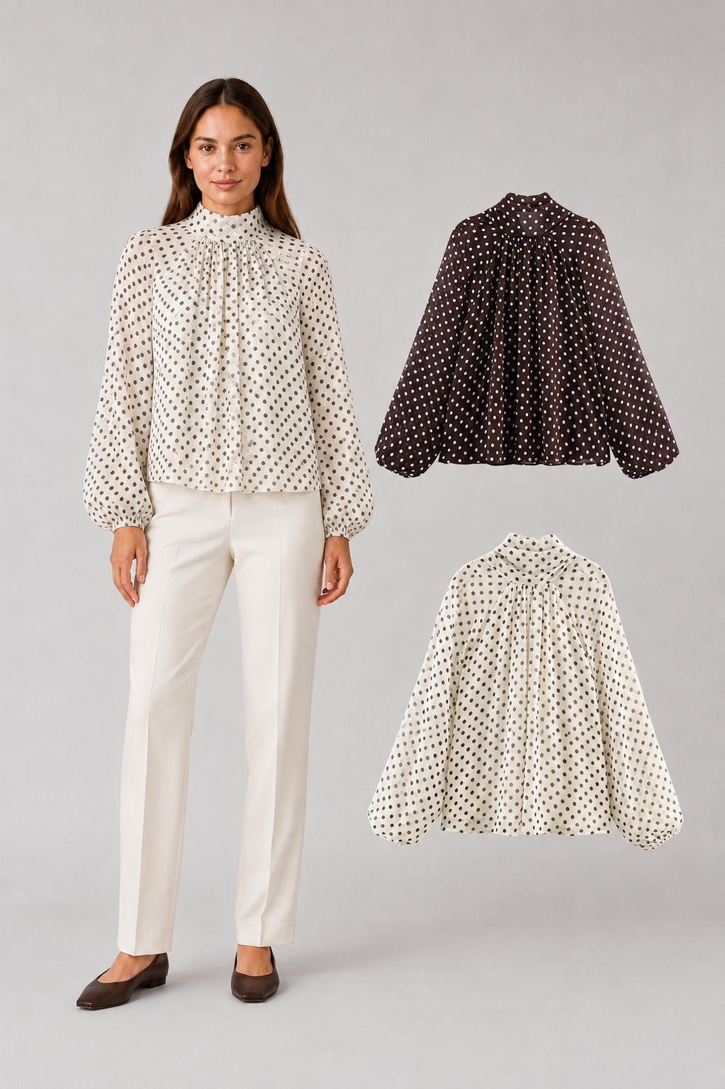 Blusa de Lunares Cuello Alto Manga Larga para Mujer