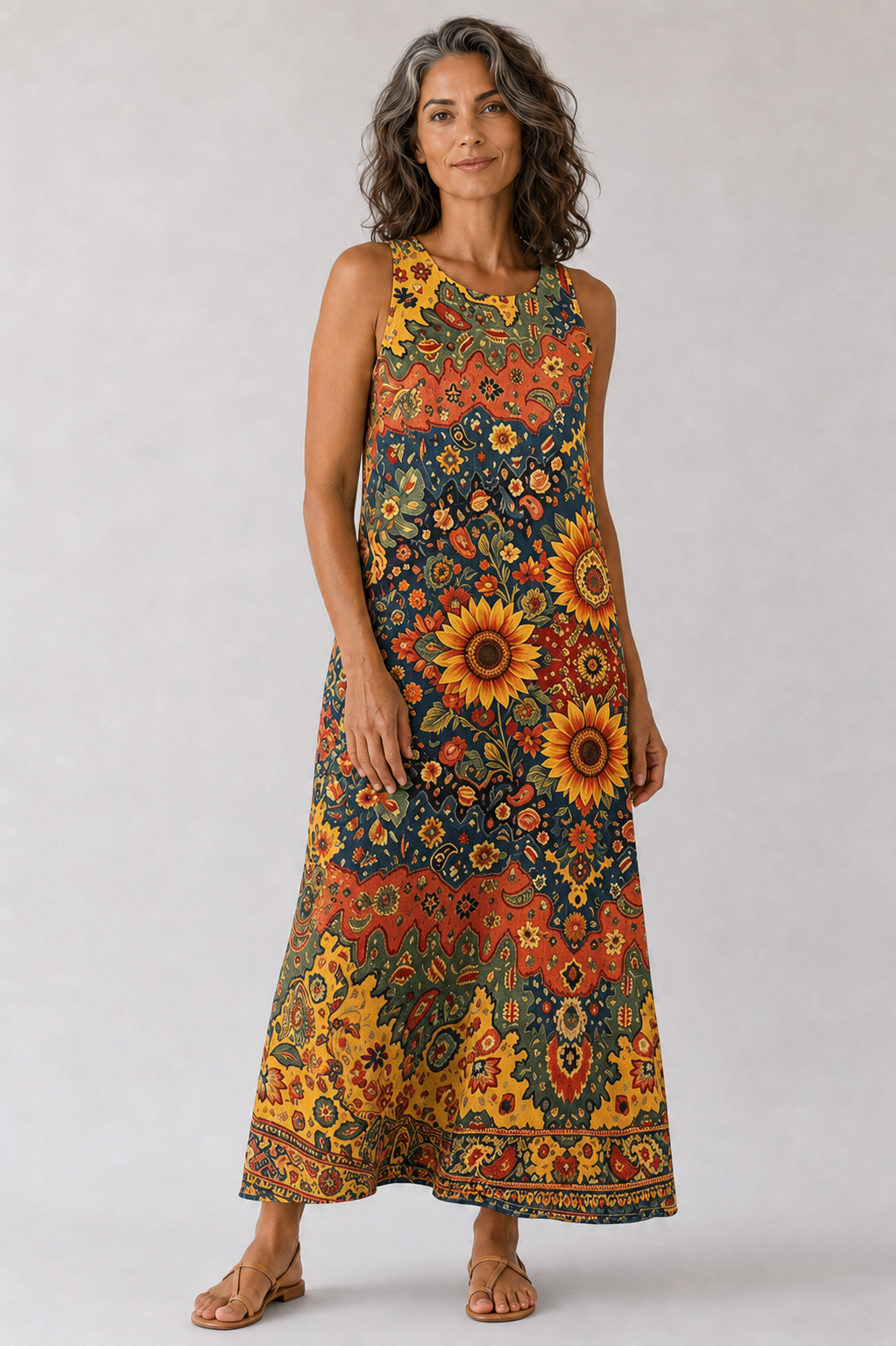 Vestido Midi Floral Boho Sin Mangas
